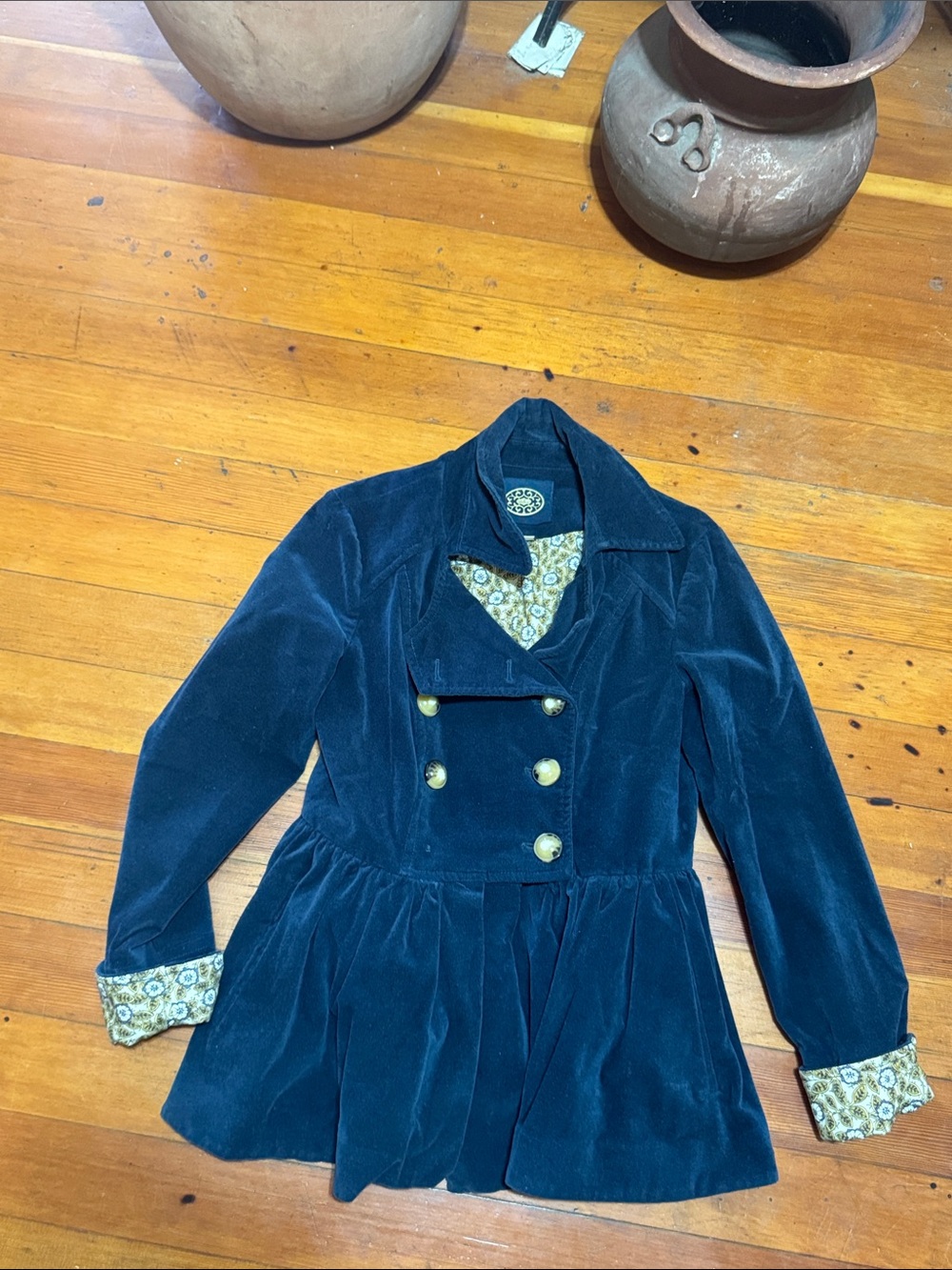 Peplum Double-Breasted Velvet Pea Coat - Navy